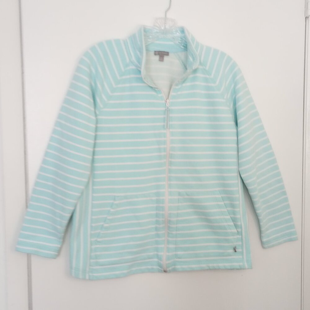 Talbots Aqua & White Striped Zip Front Cotton Terry Jacket